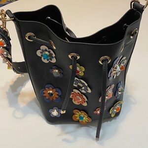 Floral Embellished Black Bucket Bag